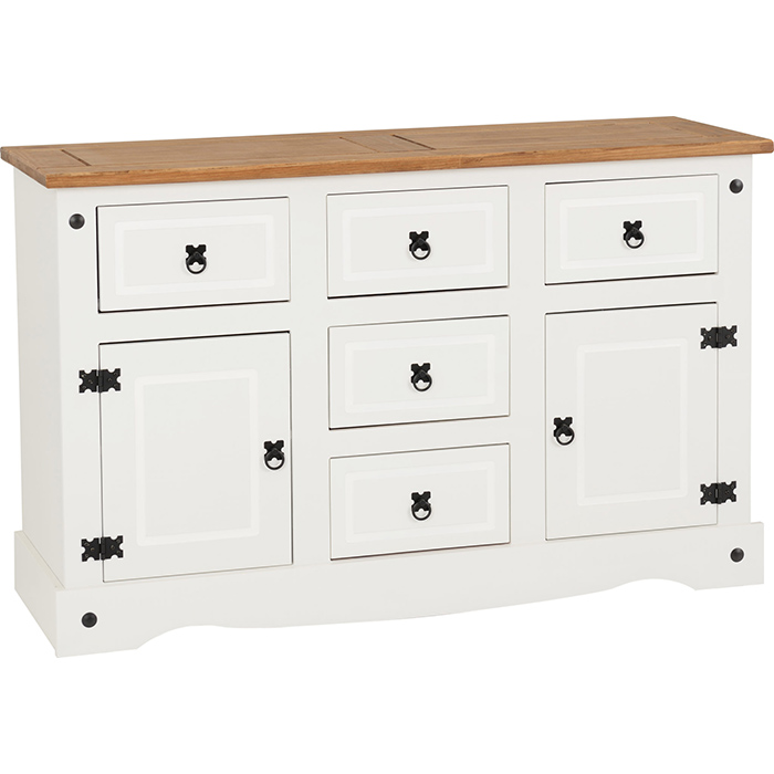 Corona 2 Door 5 Drawer Sideboard White & Distressed Waxed Pine - Click Image to Close